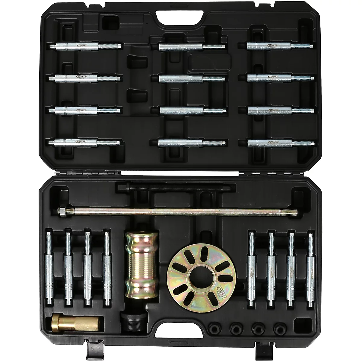 Offener schwarzer Werkzeugkoffer mit verschiedenen Metallwerkzeugen, wie Stiften und Adaptern.